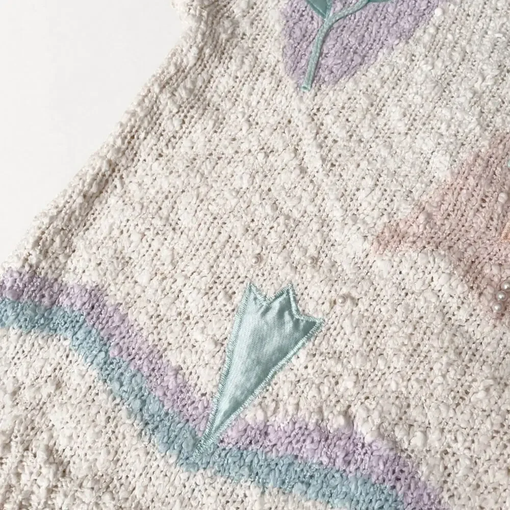 Vintage 80s Coquette Embroidered Sweater Pastel Cottagecore Grandmacore Knit M - Picture 7 of 10